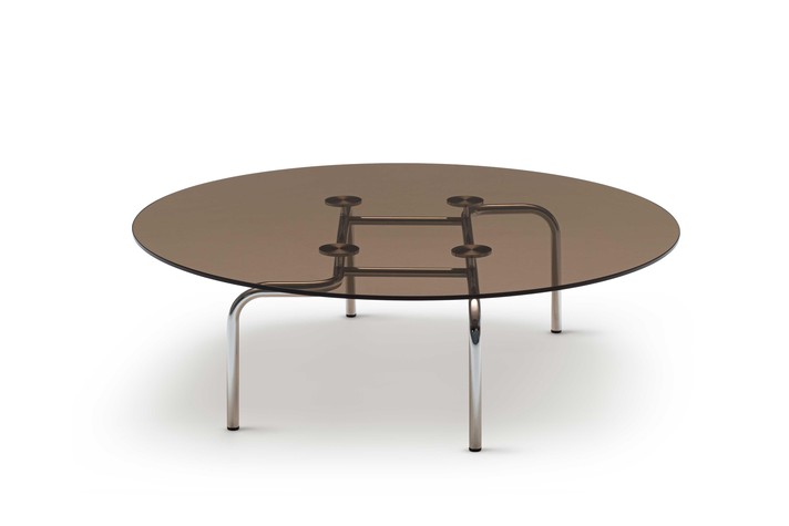 Runder Couchtisch, 120 cm, mit Design-Rohrgestell und Glasplatte