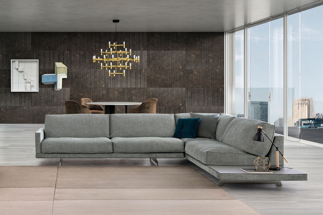 Komplettes Wohnzimmer mit Ecksofa mit integrierter Ablage