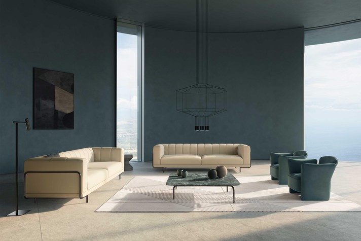 Paar Sofas mit niedriger, gesteppter Rückenlehne