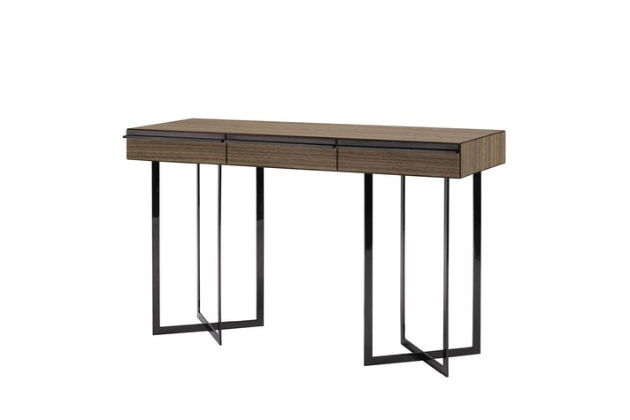 The Profile console table is available in Canaletto walnut or in custom RAL colours