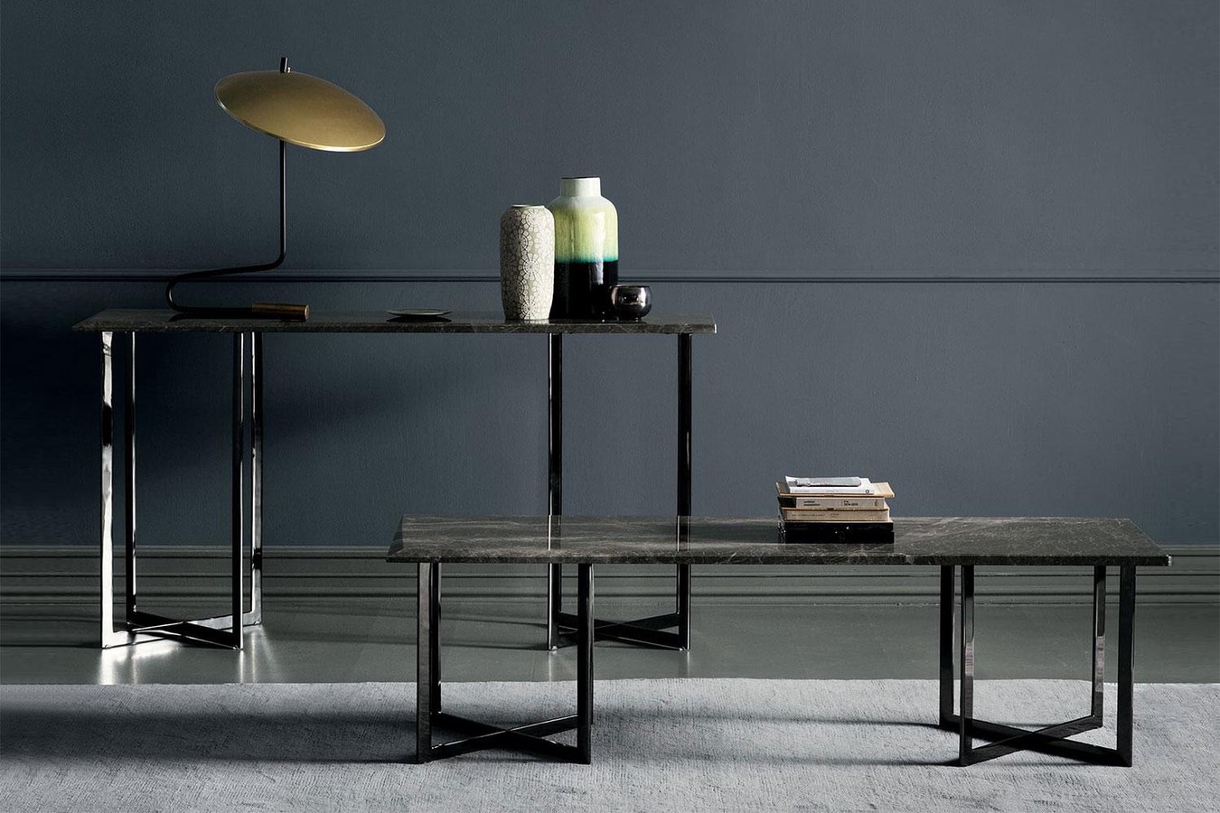 The Blunt console and coffee tables in a gorgeous dark marble