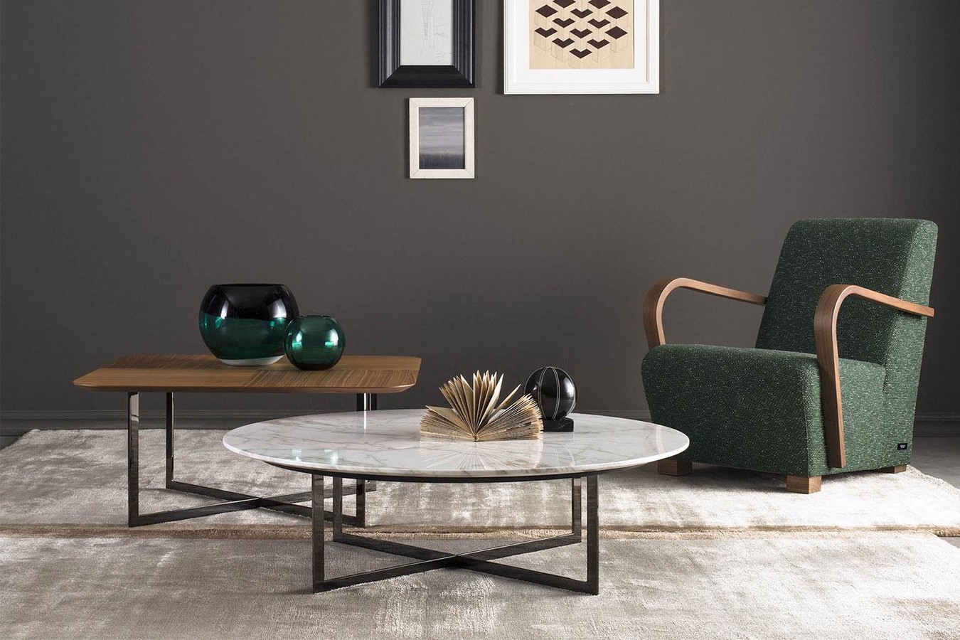 2 piece coffee table set, one round and one square in two heights