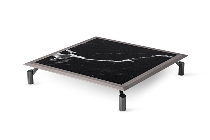 Fly square cocktail table with a marble top, framed by solid wood on all four sides