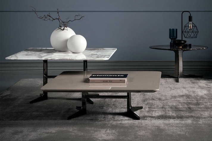 Two square coffee tables with marble and gloo lacquer tops