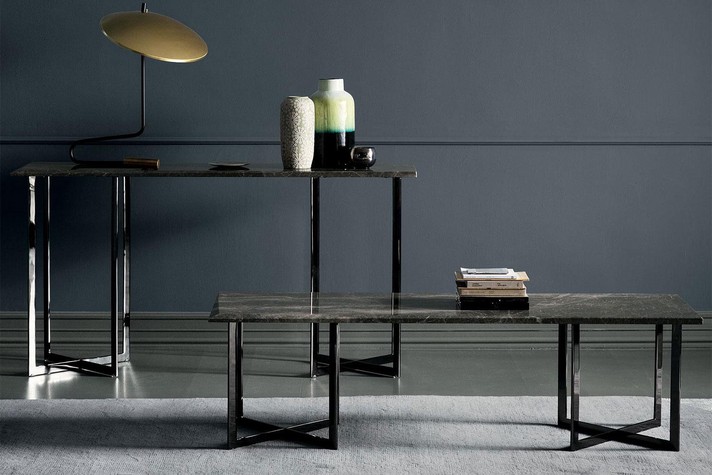 Brown marble low coffee table with double cross base