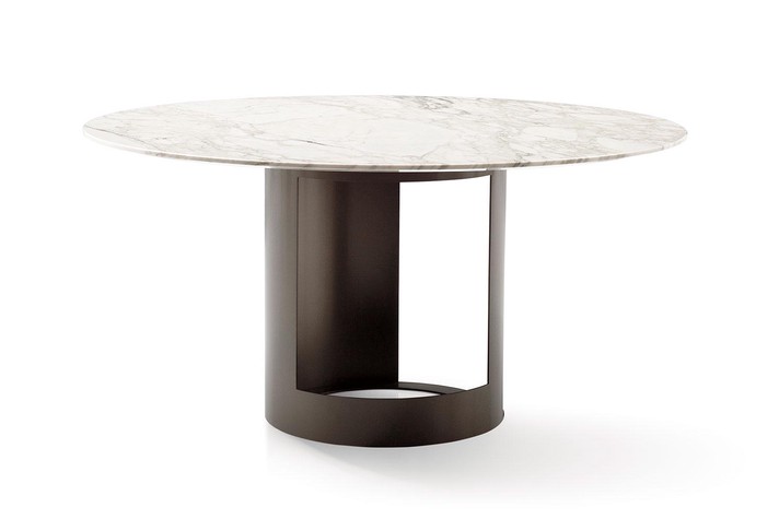 Round bipedal coffee table with white marble top