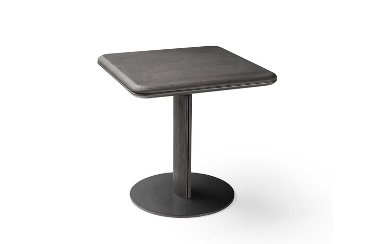 Square end table with wooden top and central base