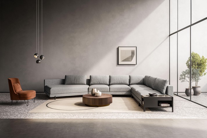 Geometric coffee table in front of Mr President sofa