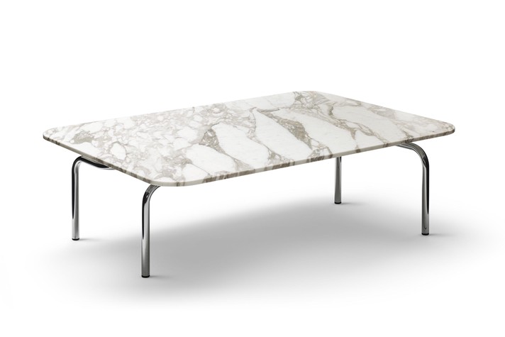 Coffee table with a marble top and a glossy chrome metal base