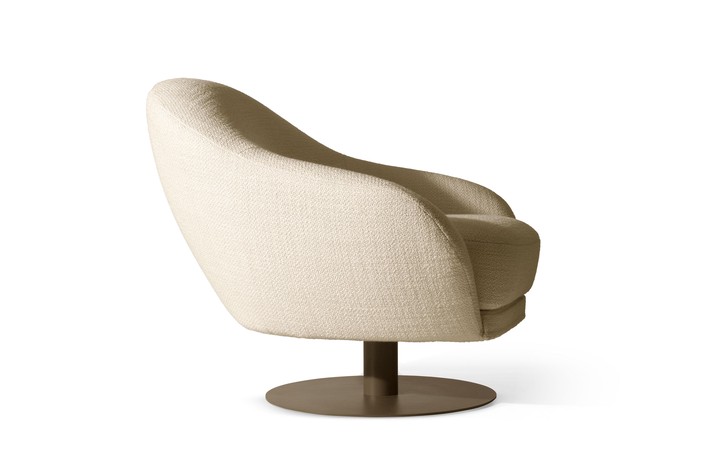 Side view of the fabric armchair with a swivel central base