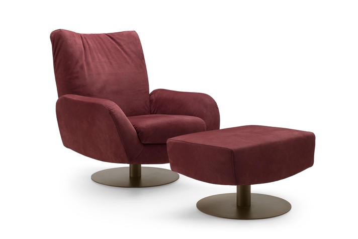 Modern swivel armchair, paired with the footstool from the same collection