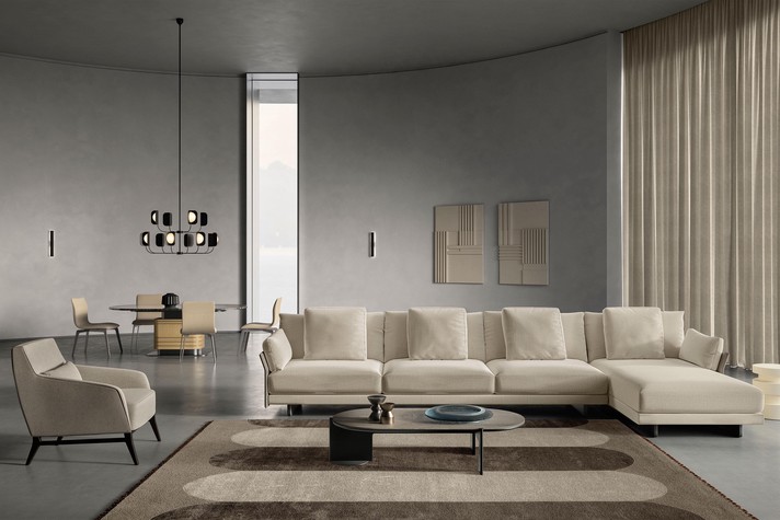 Patterned rug in a living room with an L-shaped Murphy sofa
