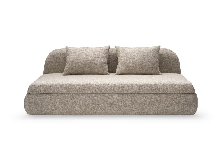 Linear sofa bed with 2 / 3 seats, featuring a rounded backrest and feather-filled cushions