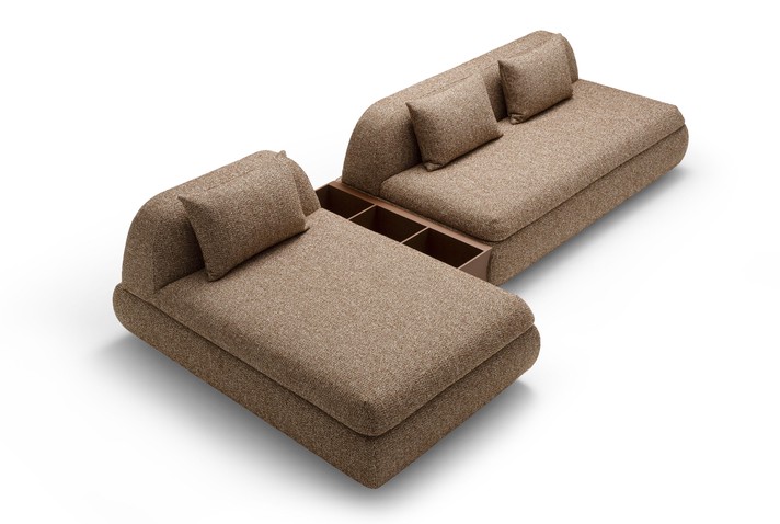 Sofa bed with chaise longue and table featuring three compartments