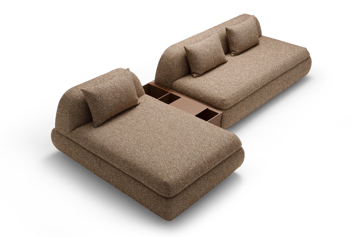 Linear sofa bed with chaise longue and central storage table