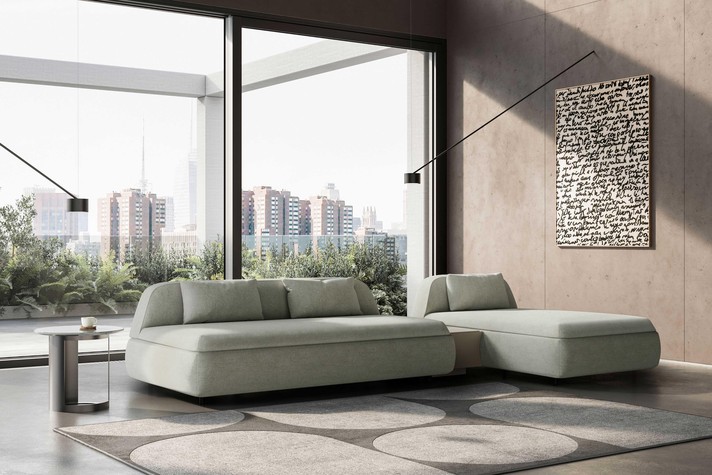 Sofa bed without armrests, composition with linear sofa, coffee table and chaise longue