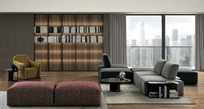 Room divider solution with double-sided sofa for a large open plan apartment
