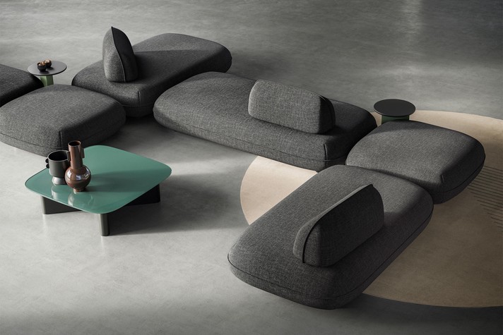 U-shaped modular sofa with double-sided rectangular and square modules 