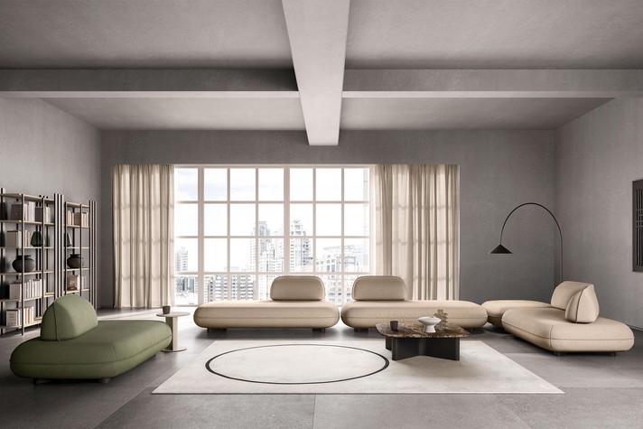 Sitting room composition with an L-shaped sofa and independent chaise-longue