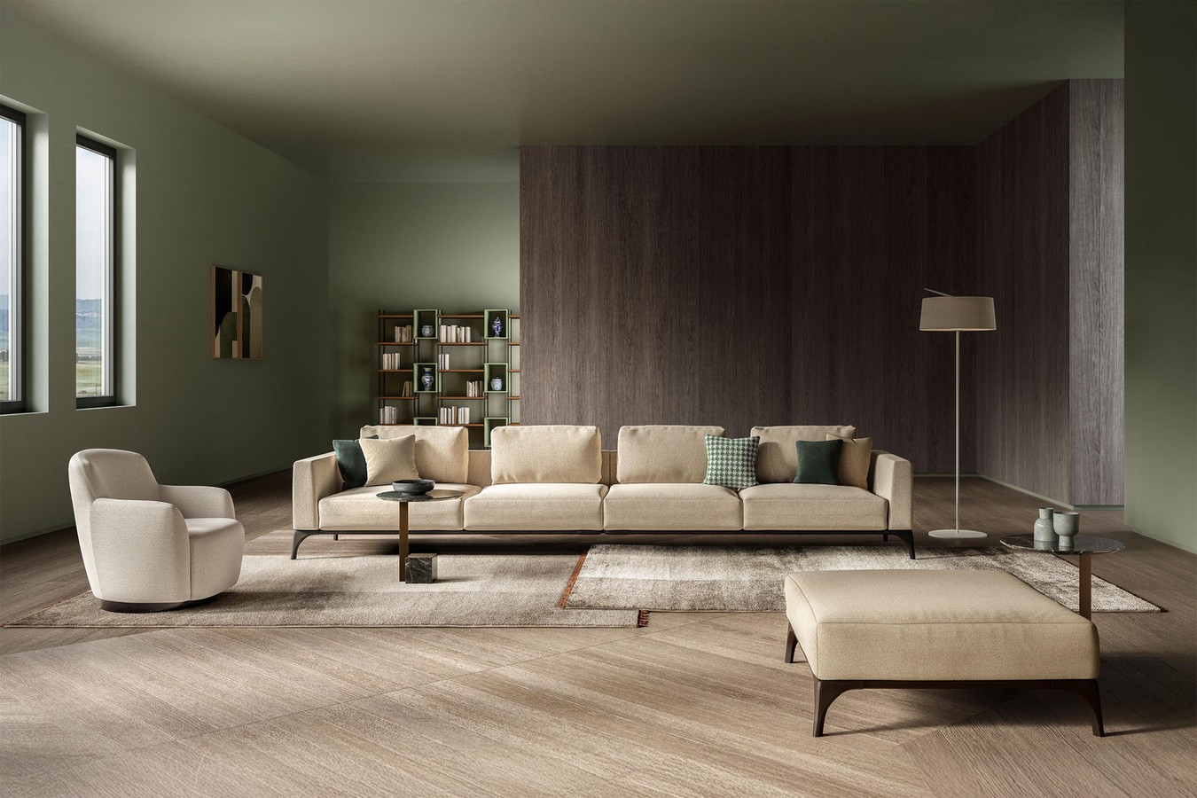 Modern wooden base designer modular sofa available in fabric, velvet and leather