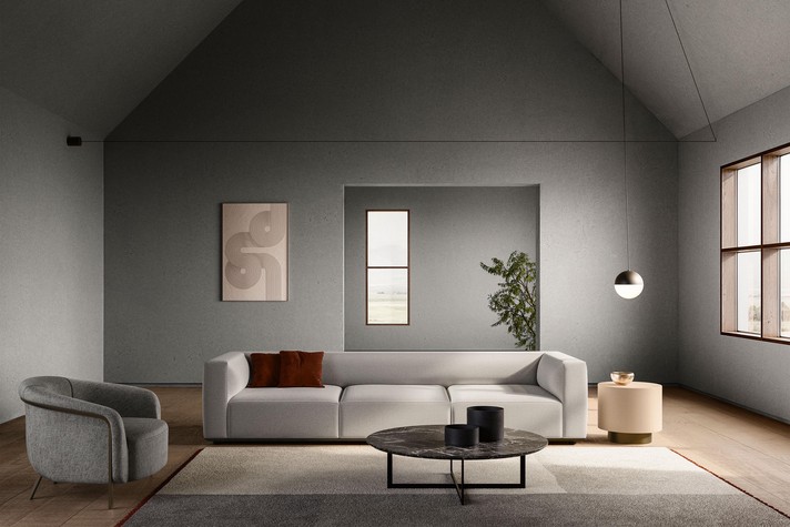 Linear sofa with back structure and armrests with the same height, without backrest cushions