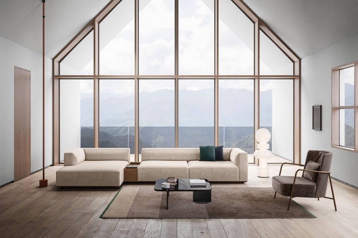 Modular asymmetrical sofa with a central side table