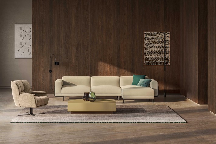 3-seater sofa with chaise longue and high metal feet