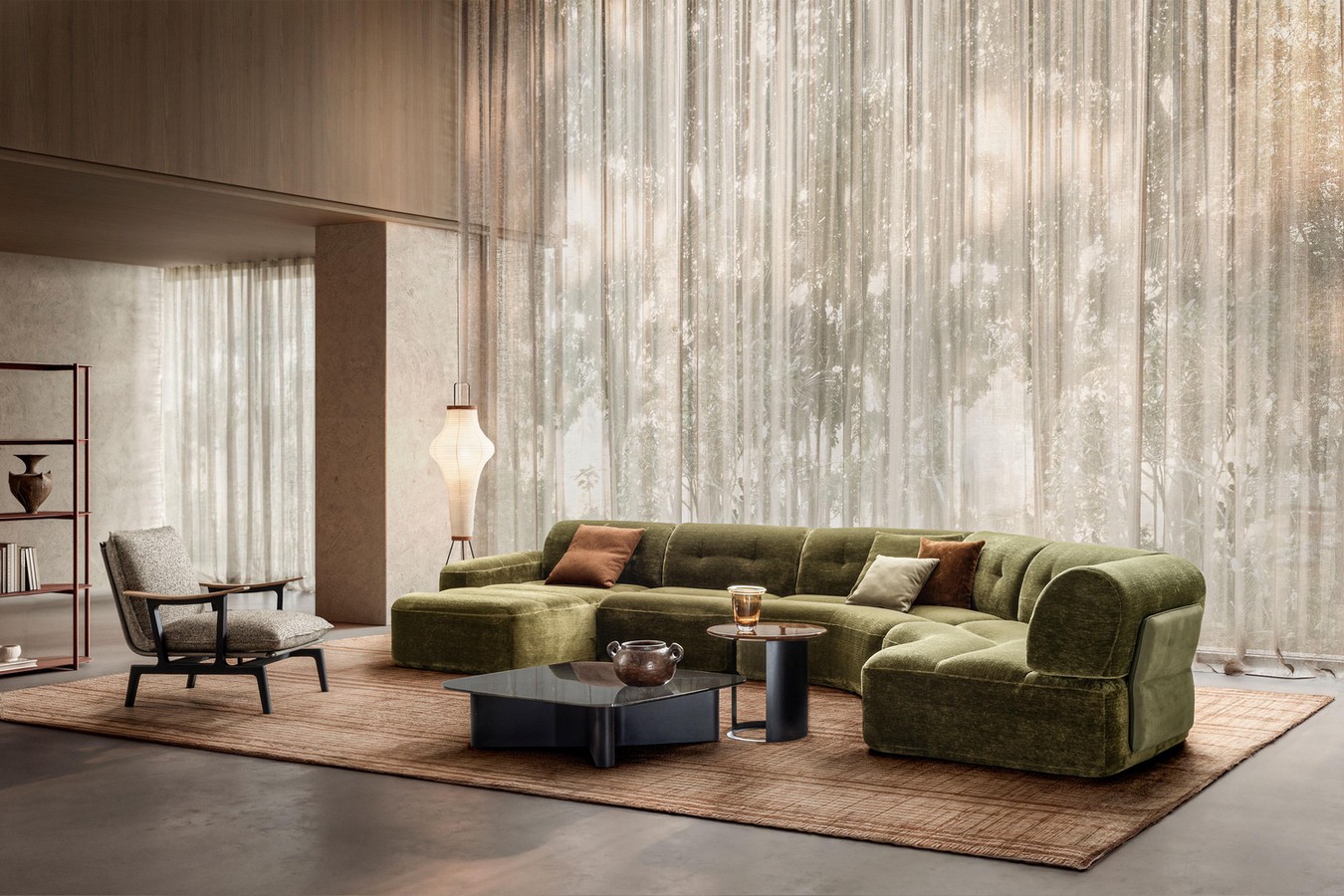 Elvis fabric sofa with a quilted backrest in a curved configuration with chaise longue