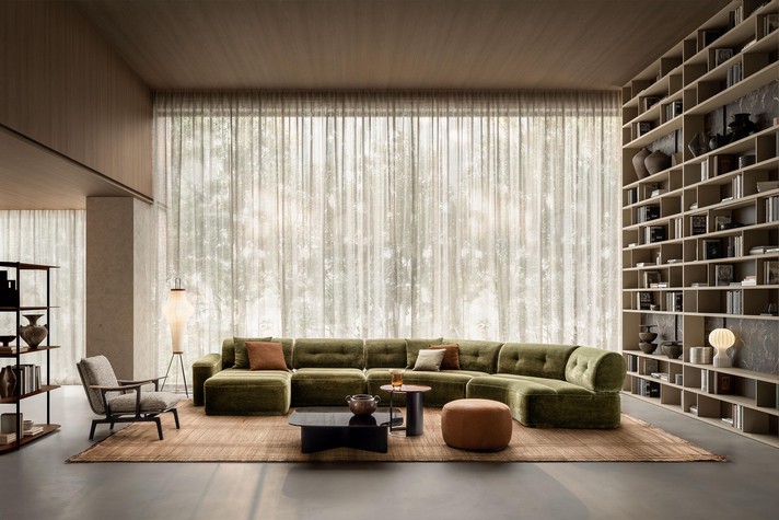 Elvis sofa in a customised configuration with a chaise longue, a central module and two curved corner modules