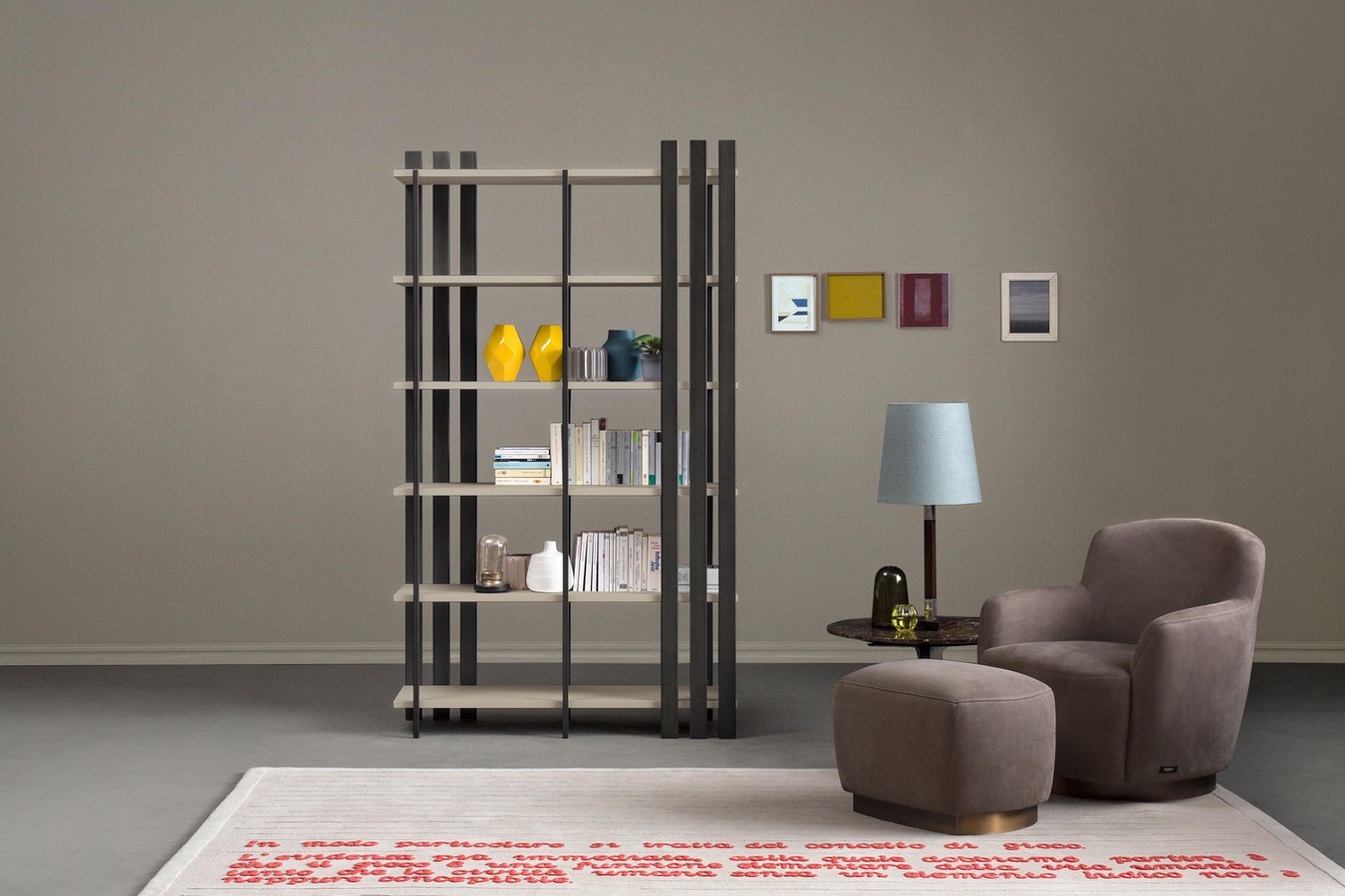 Tower freestanding bookcase combined with Ingrid armchair