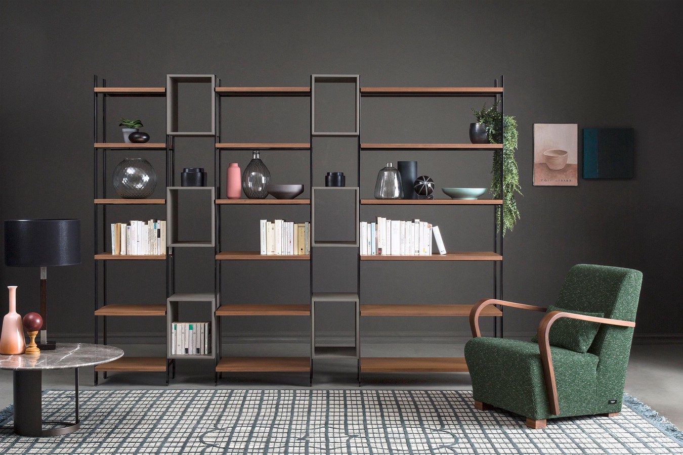 High end, contemporary, open-back metal frame bookcase with wood shelves