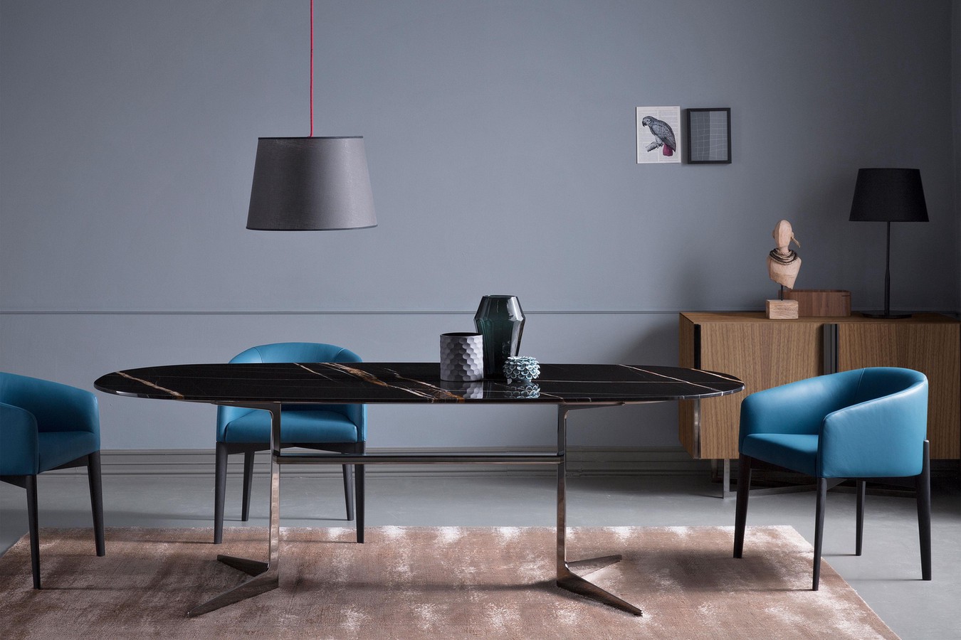 Designer dining y-base table with oval or rectangular top that sits 8 to 10 people