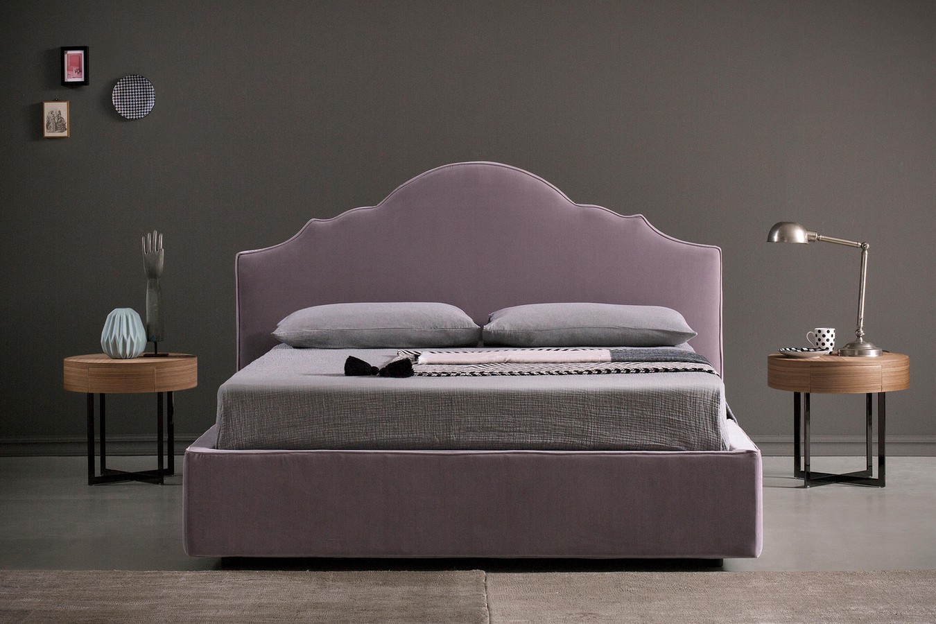 Upholstered scalloped headboard bed, available as a king size and super king size