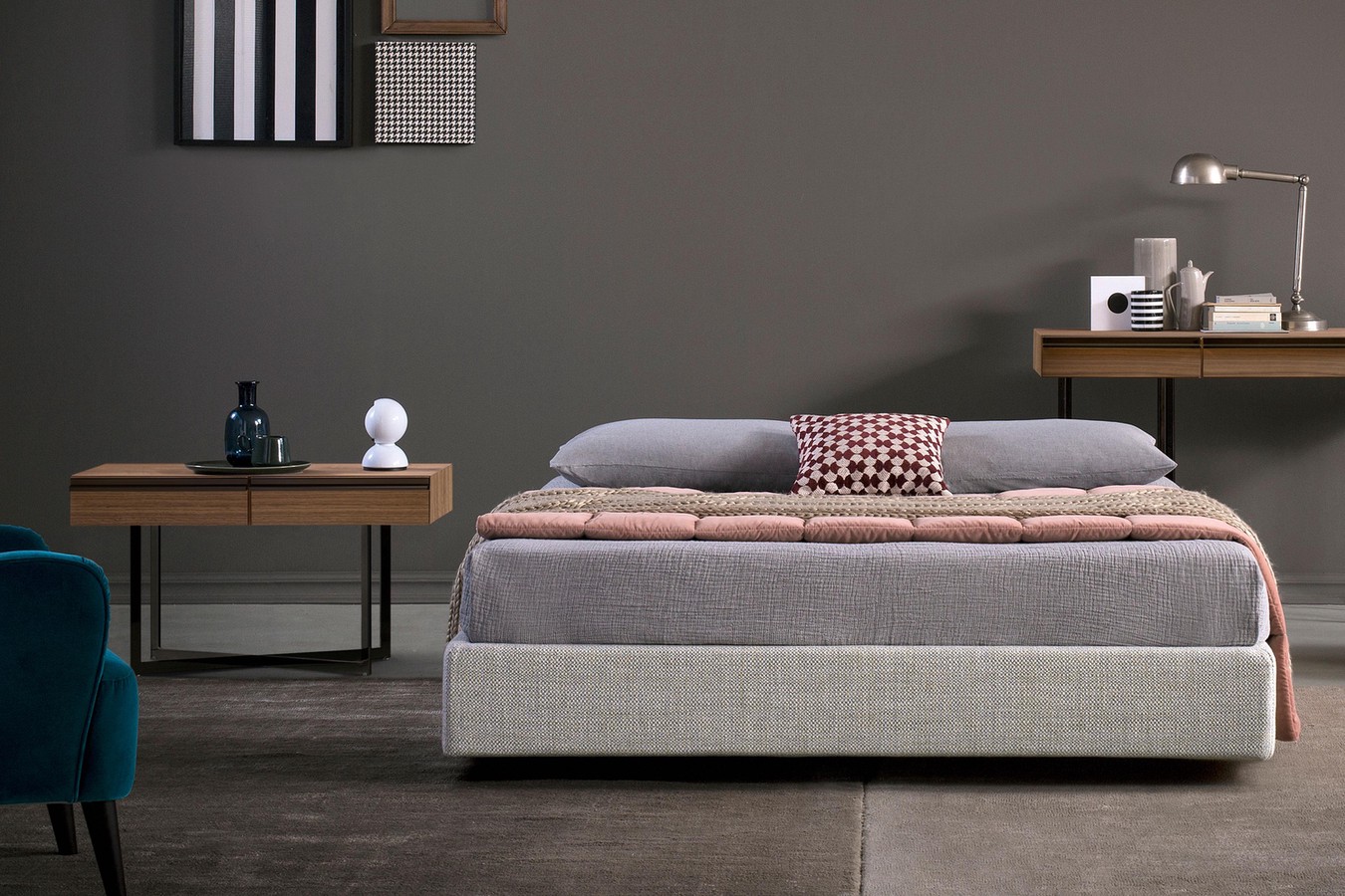 A space saving upholstered bed without headboard or footboard, available with or without storage