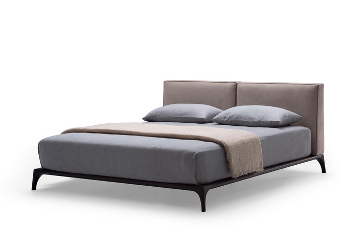 Milano double bed with a thin wooden frame and upholstered headboard in fabric or leather