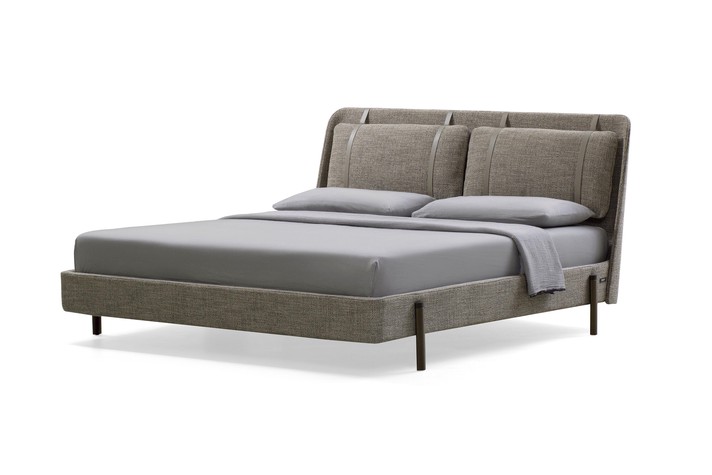 Upholstered king platform bed with high metal legs