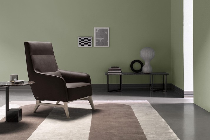 Ascot, fauteuil de salon pour coin lecture en cuir, velours ou tissu sur pied en bois