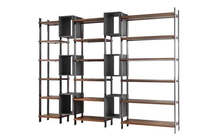 Esempio di composizione: libreria double face con tre scaffali e 6 cubotti aperti