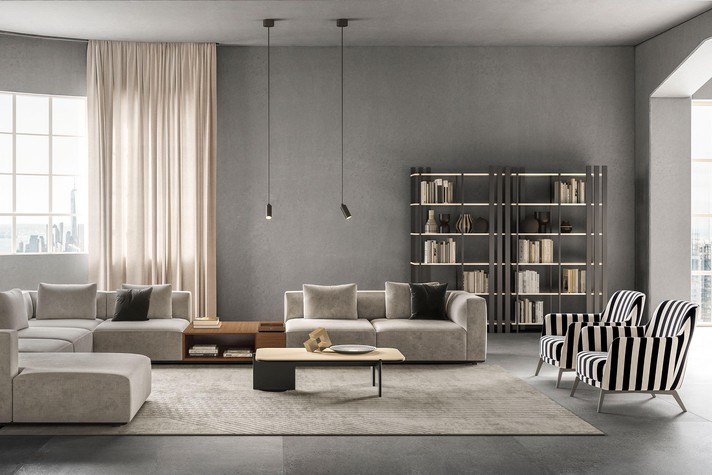 Libreria autoportante Tower abbinata al divano Pop-up