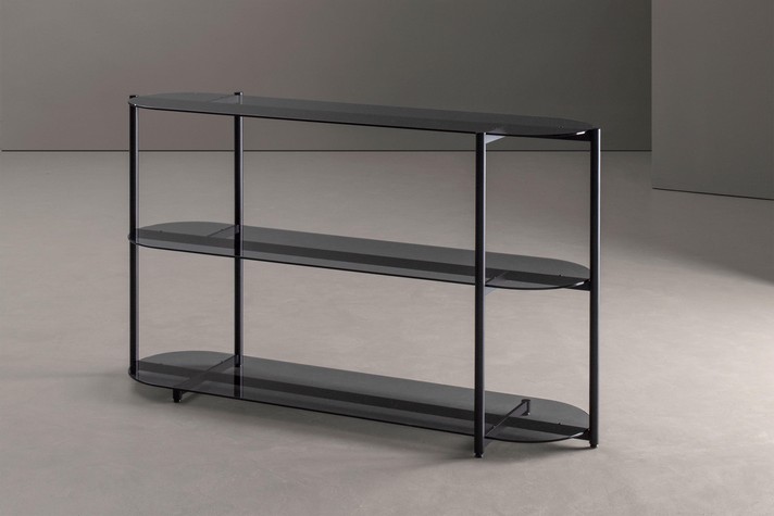 Libreria ad uso consolle da 140 x 80.5 cm con ripiani in vetro fumè