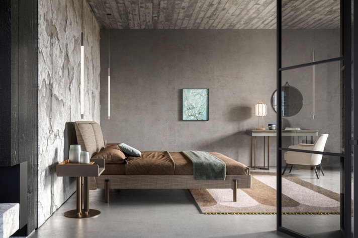 Letto matrimoniale Nara senza contenitore con giroletto rivestito in tessuto, velluto o in pelle