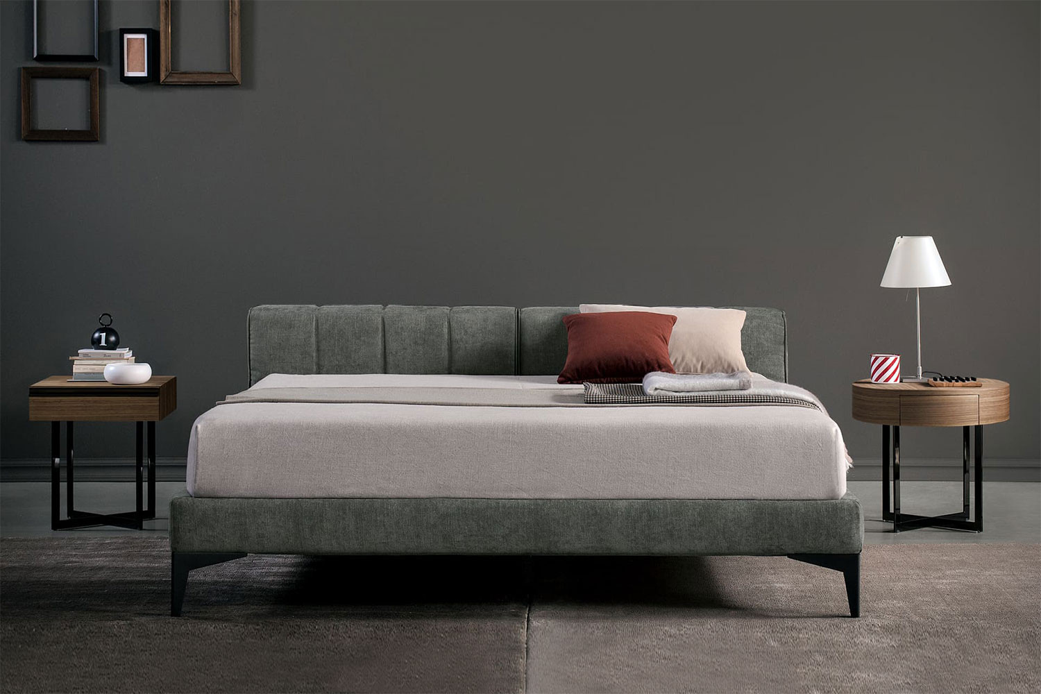 Struttura Letto Imbottito a Testiera Alta, Letto Matrimoniale King Size / 2  Piazze 180 x 200 cm Rivestimento in Tessuto - Grigio Scuro