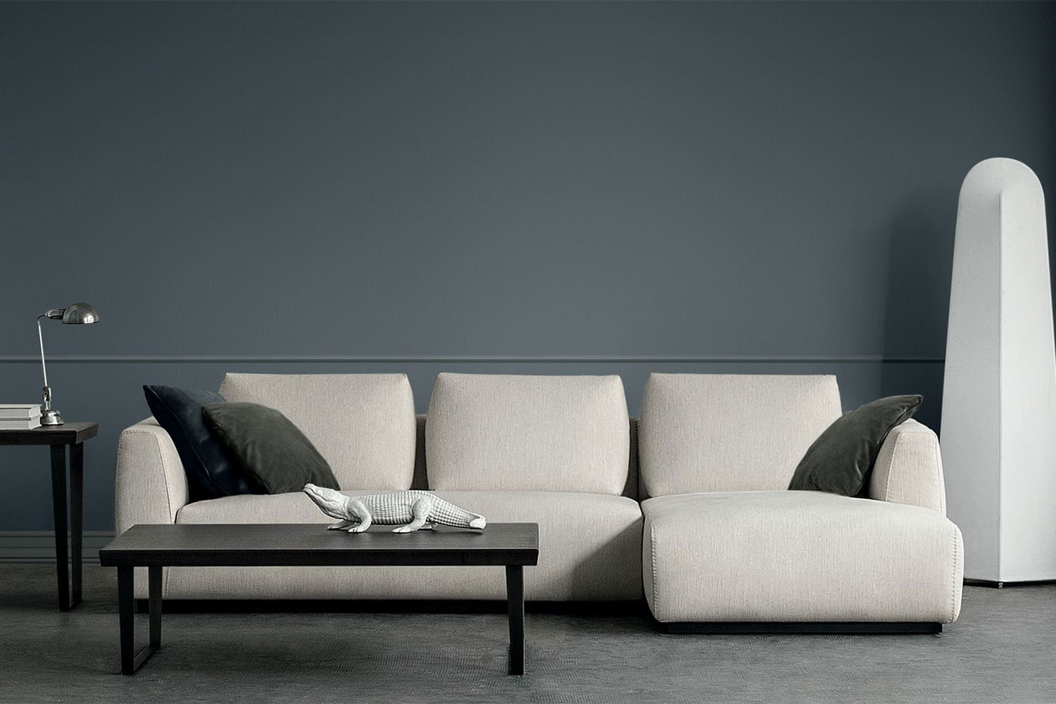 Contemporary, minimalist tight seat sectional sofa with soft loose foam-filled back cushions and high arms