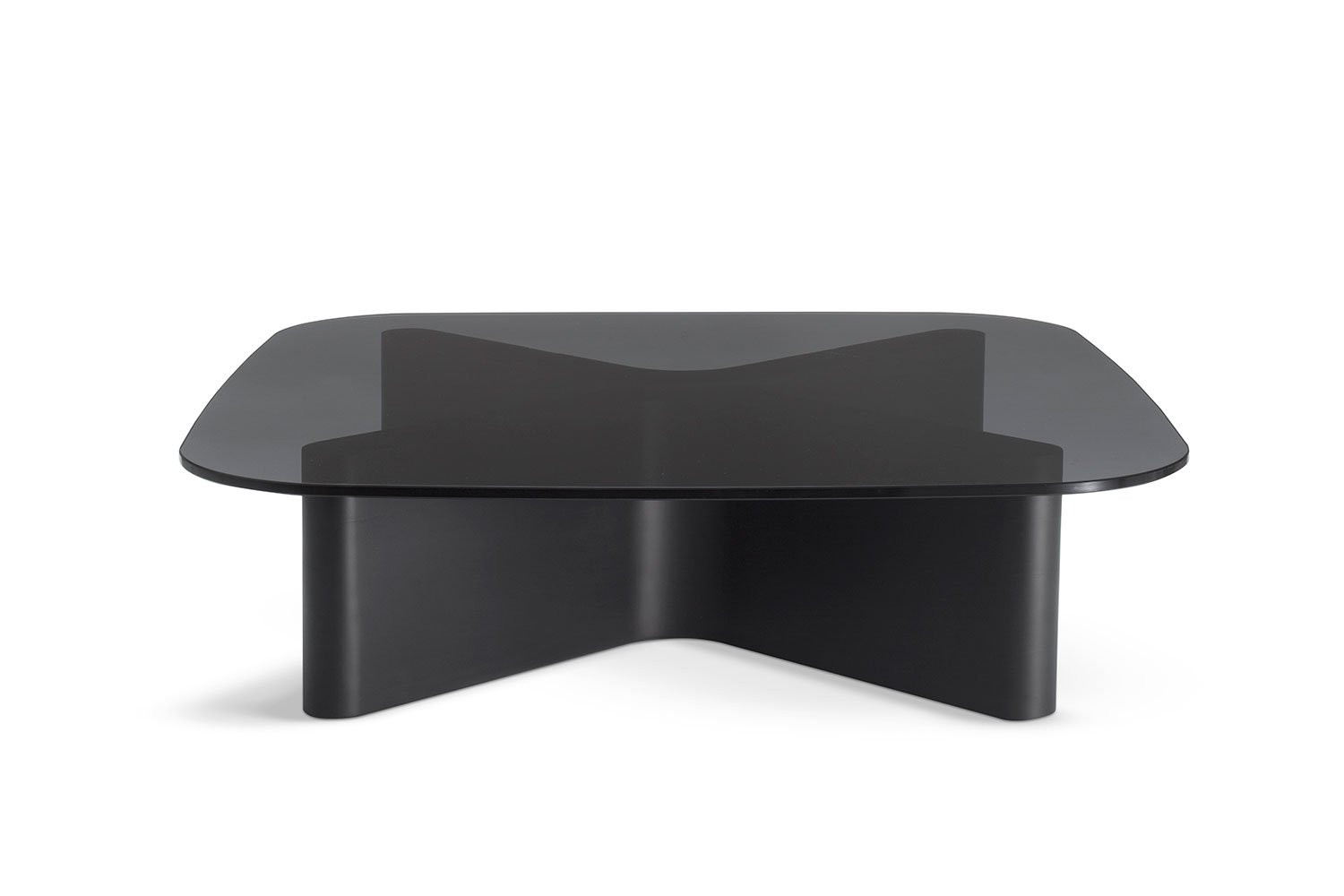 Low and square coffee table Bao with a 100 cm wide glass top