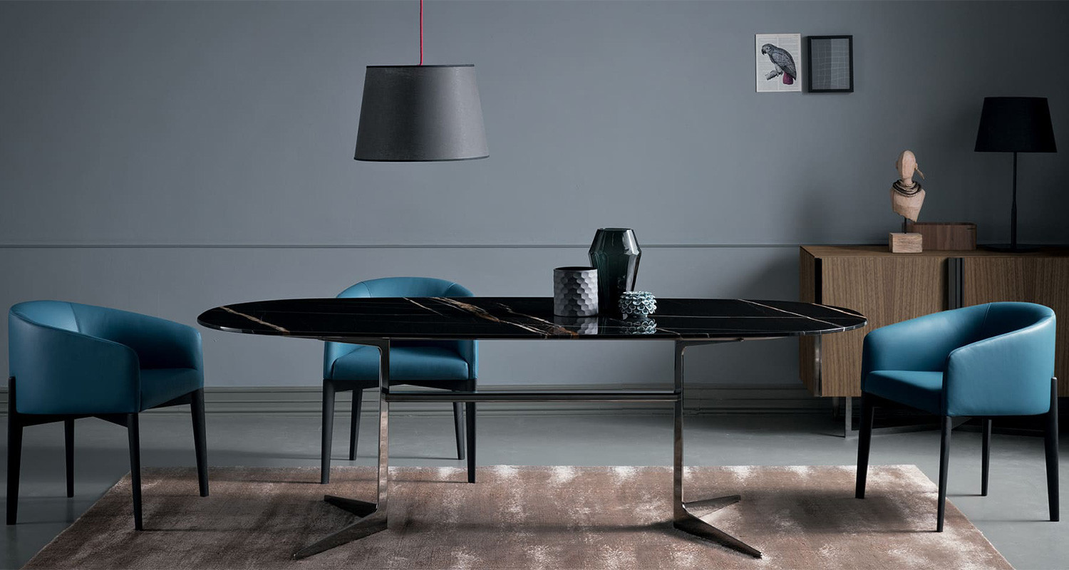 Designer dining y-base table with oval or rectangular top that sits 8 to 10 people
