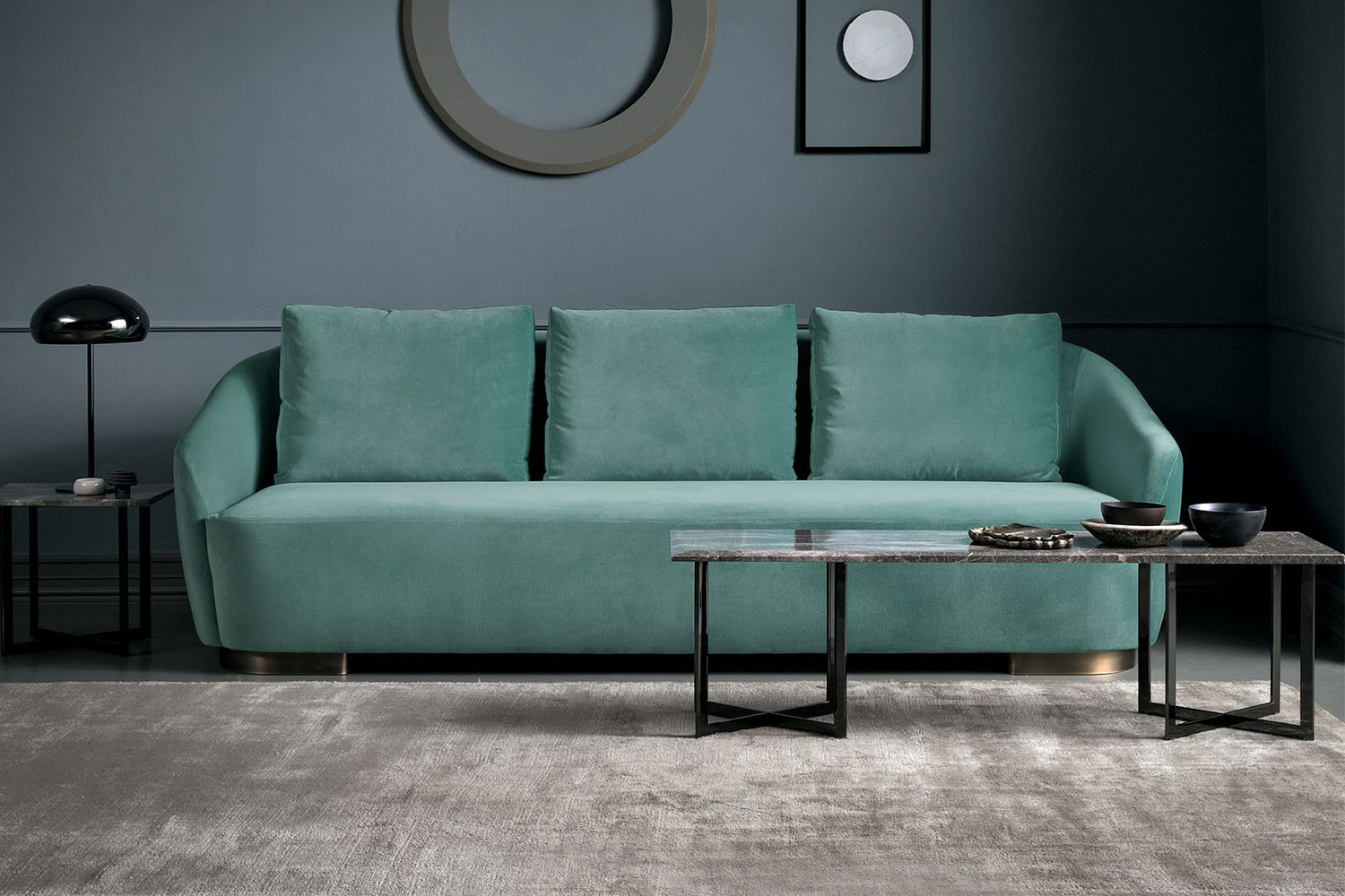 Modern 2-3 seater art-deco tub sofa with loose back cushions in velvet, fabric or leather