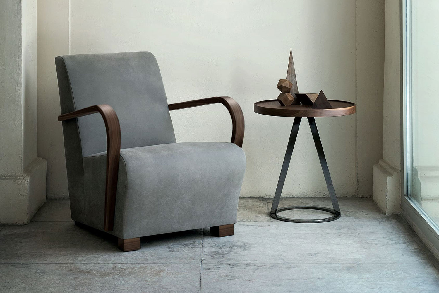 Upholstered bentwood armchair with steam bent curved arms crafted from prized solid walnut
