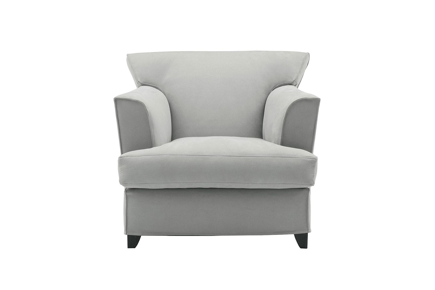 Thick padded comfortable armchair with a deep t-seat cushion, recessed high arms and wooden legs