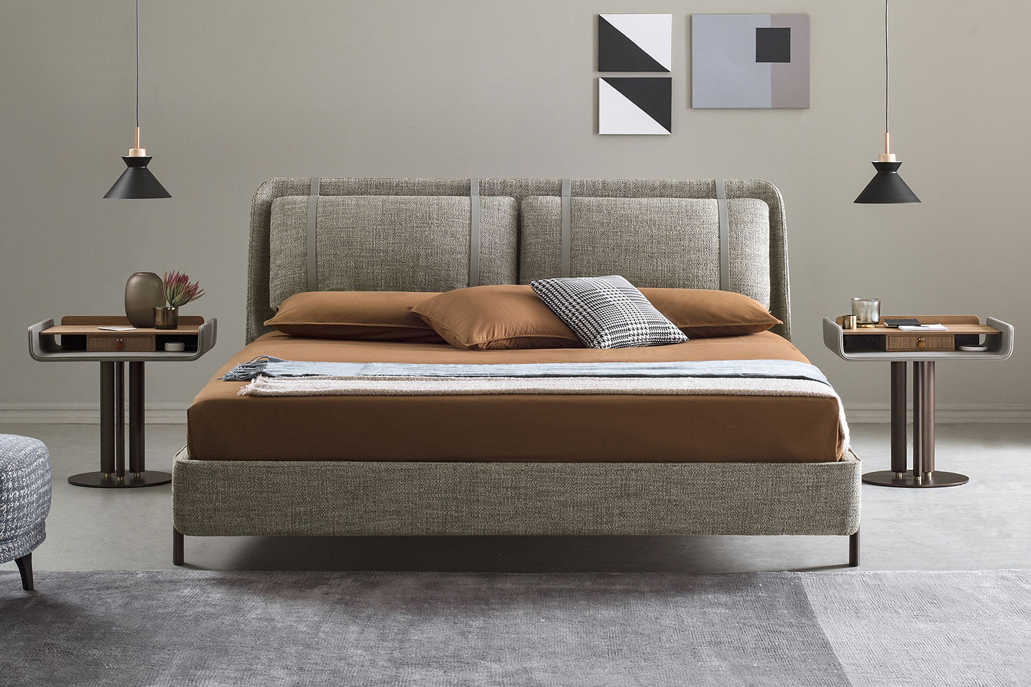 High-end angled headboard upholstered king platform bed with high metal legs