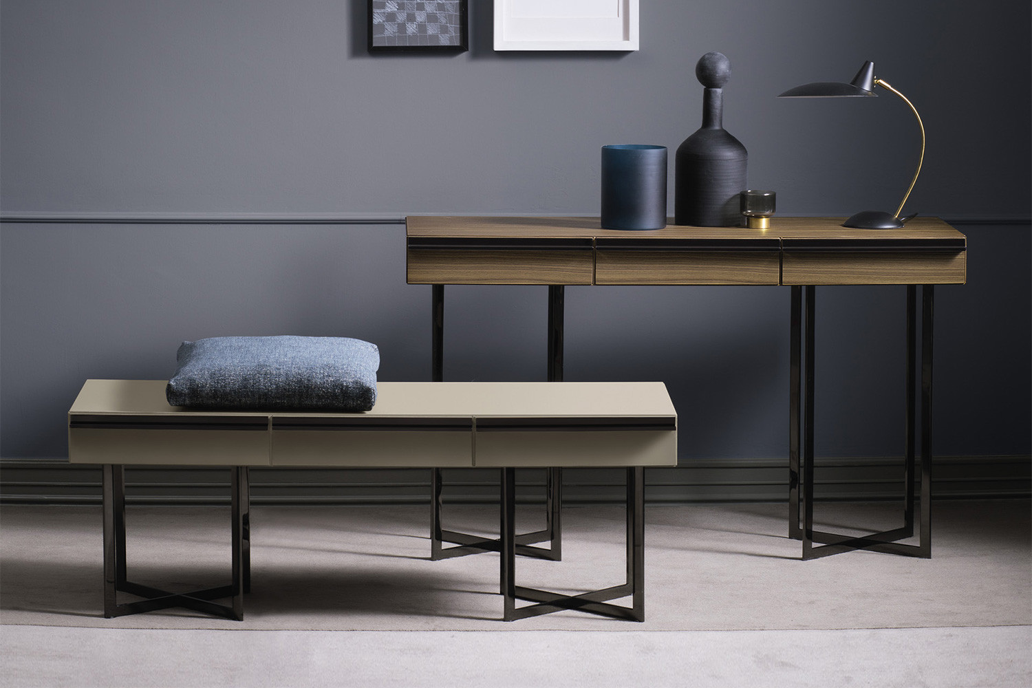 Canaletto walnut console table with 3 drawers and chrome or bronze metal cross legs